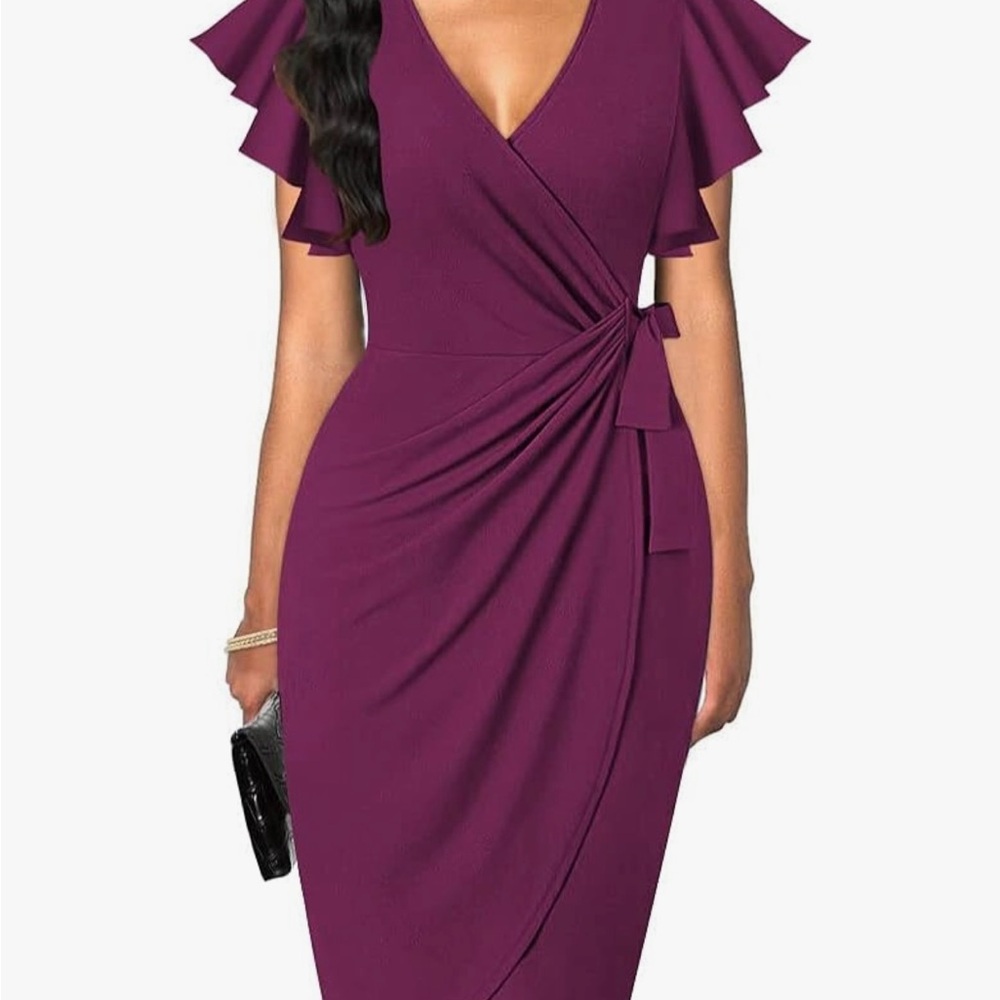 OTEN Women’s Deep V Neck Ruffle Sleeve Sheath Casual Cocktail Faux Wrap Dress